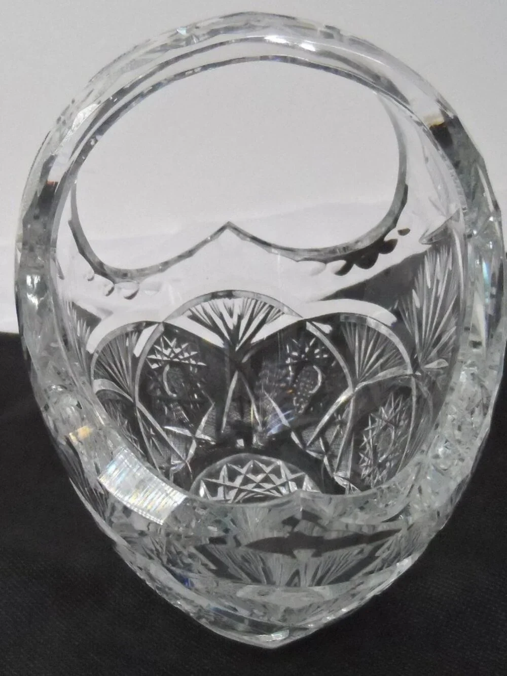 Bohemian Clear Lead Crystal Basket w/Handle Starburst Pinwheel Design 5.75